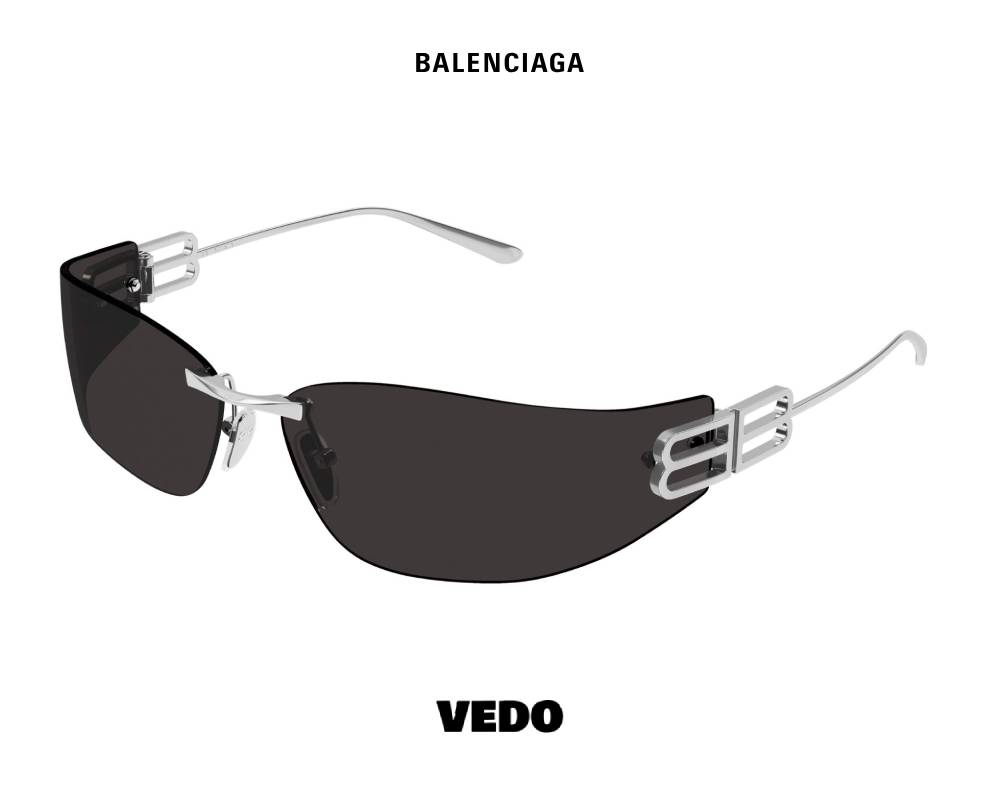 Balenciaga BB 0484S Wraparound Rimless Sunglasses vedo silver black
