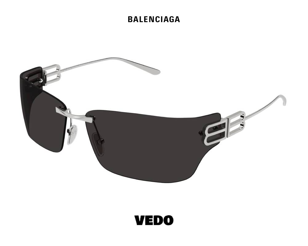 Balenciaga BB 0485S Wraparound Rimless vedo Sunglasses silver black