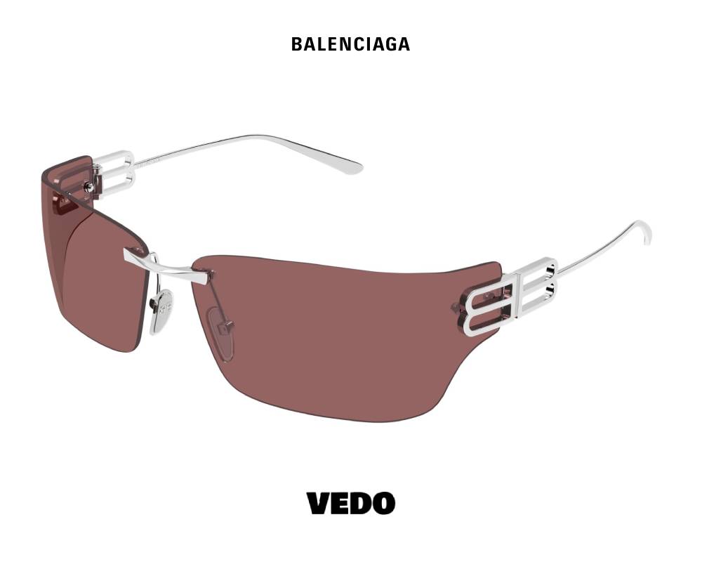 Balenciaga BB 0485S Wraparound Rimless vedo Sunglasses silver red