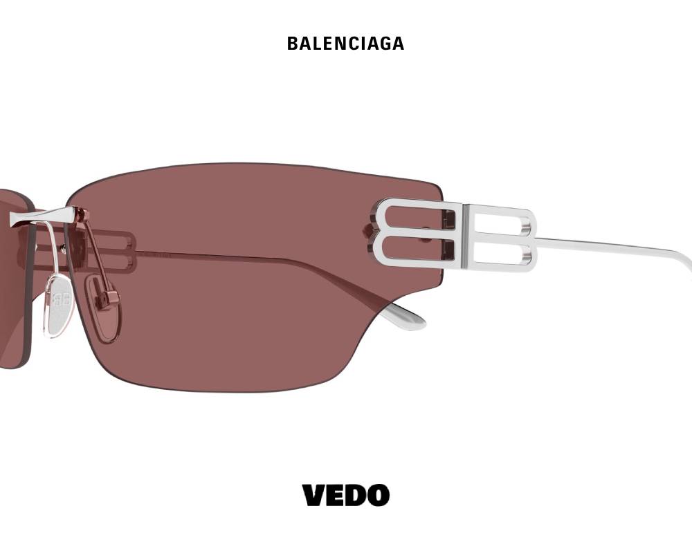 Balenciaga BB 0485S Wraparound Rimless vedo Sunglasses silver red