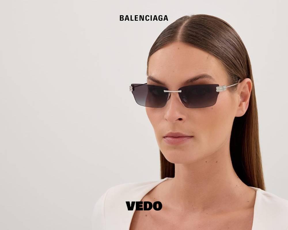 Balenciaga BB 0487 Rimless Rectangular Cat-Eye Sunglasses vedo silver