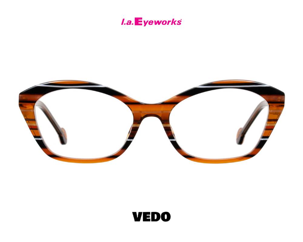 L.A. Eyeworks PANCAKE small rectangular cat-eye eyeglasses striped brown and red